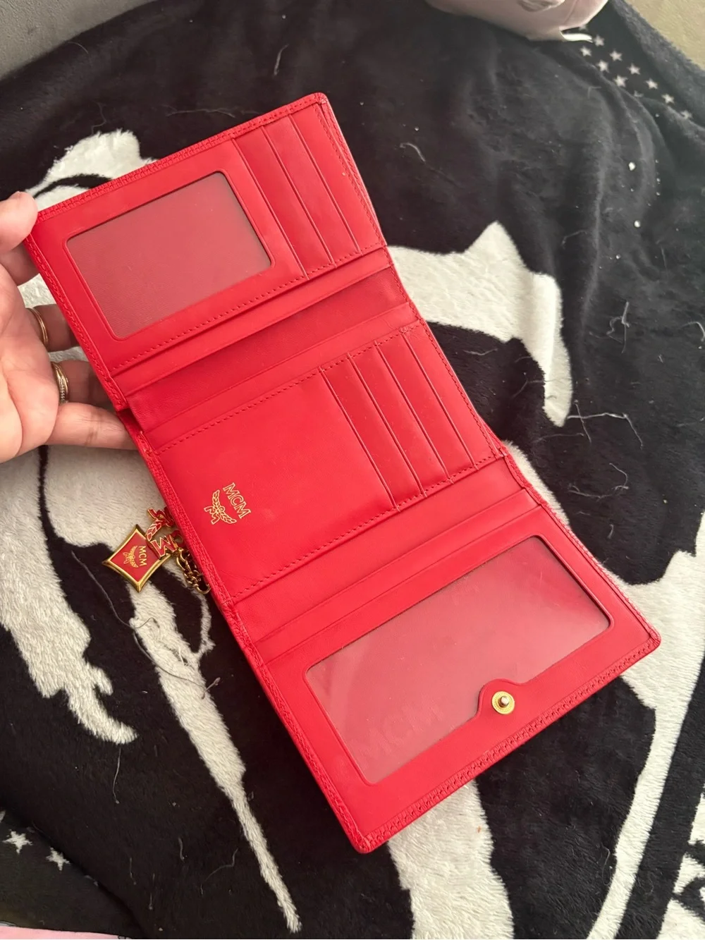 MCM Red Leather Fold Wallet with Gold Logo Accents